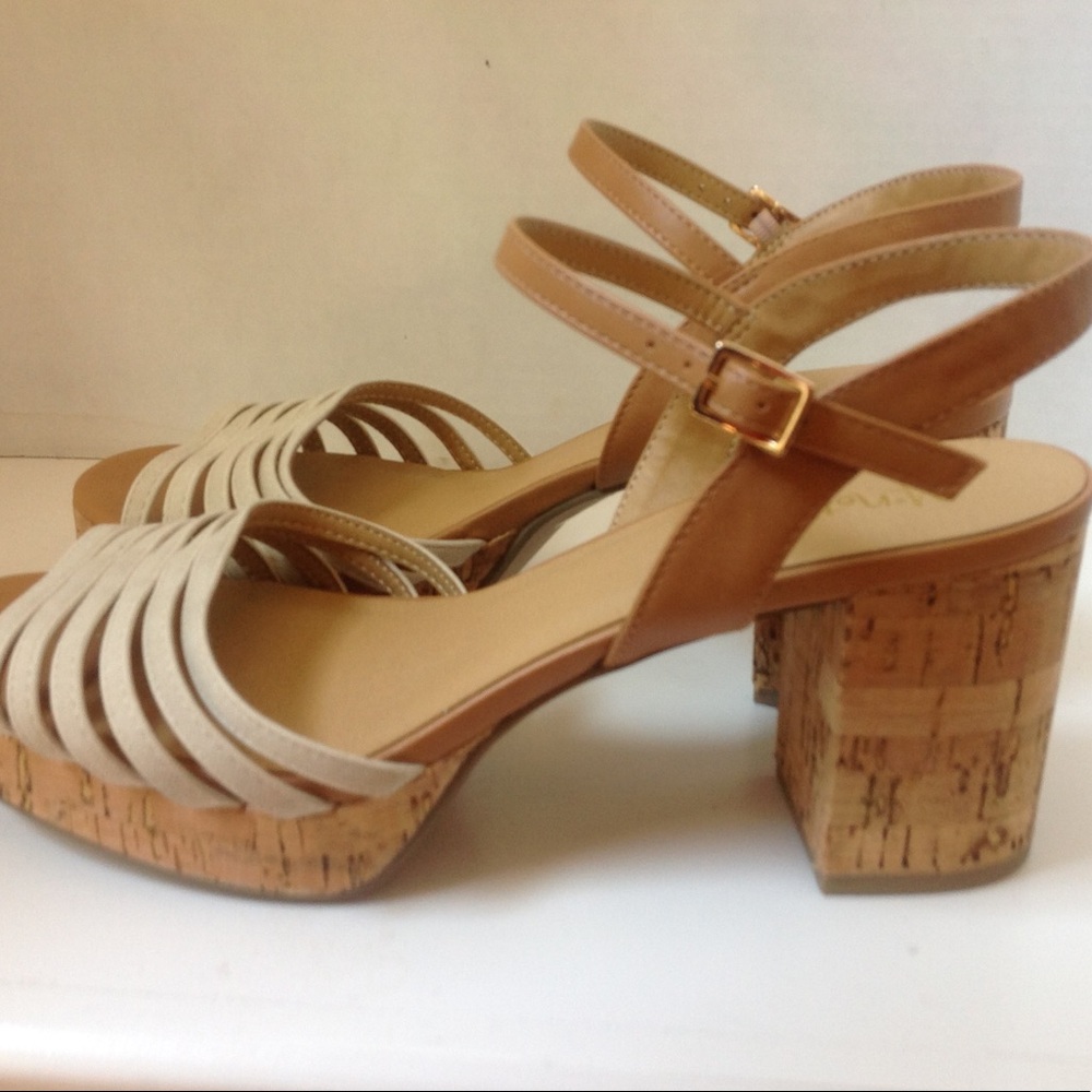 Y.Not? Cream Tan Cork Heel Sandals Leather Strap